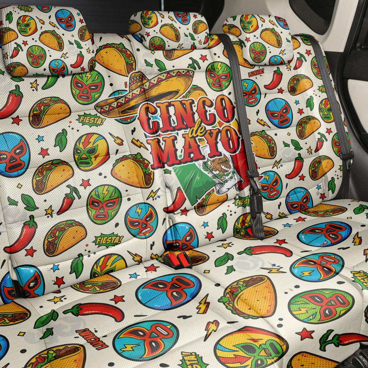 Cinco De Mayo Back Car Seat Cover Lucha Libre Wrestler - Pop Art Comic Style Mexican Fiesta Taco