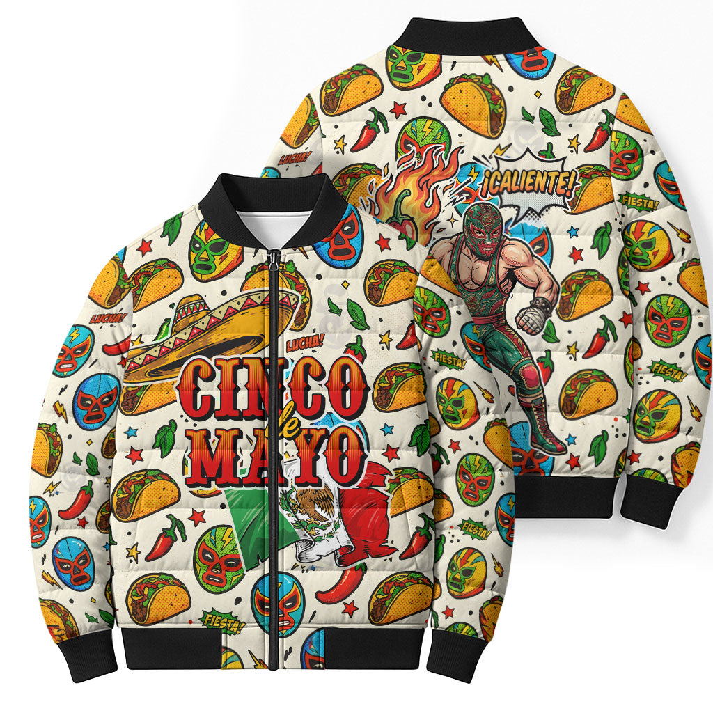 Cinco De Mayo Bomber Puffer Jacket Lucha Libre Wrestler - Pop Art Comic Style Mexican Fiesta Taco