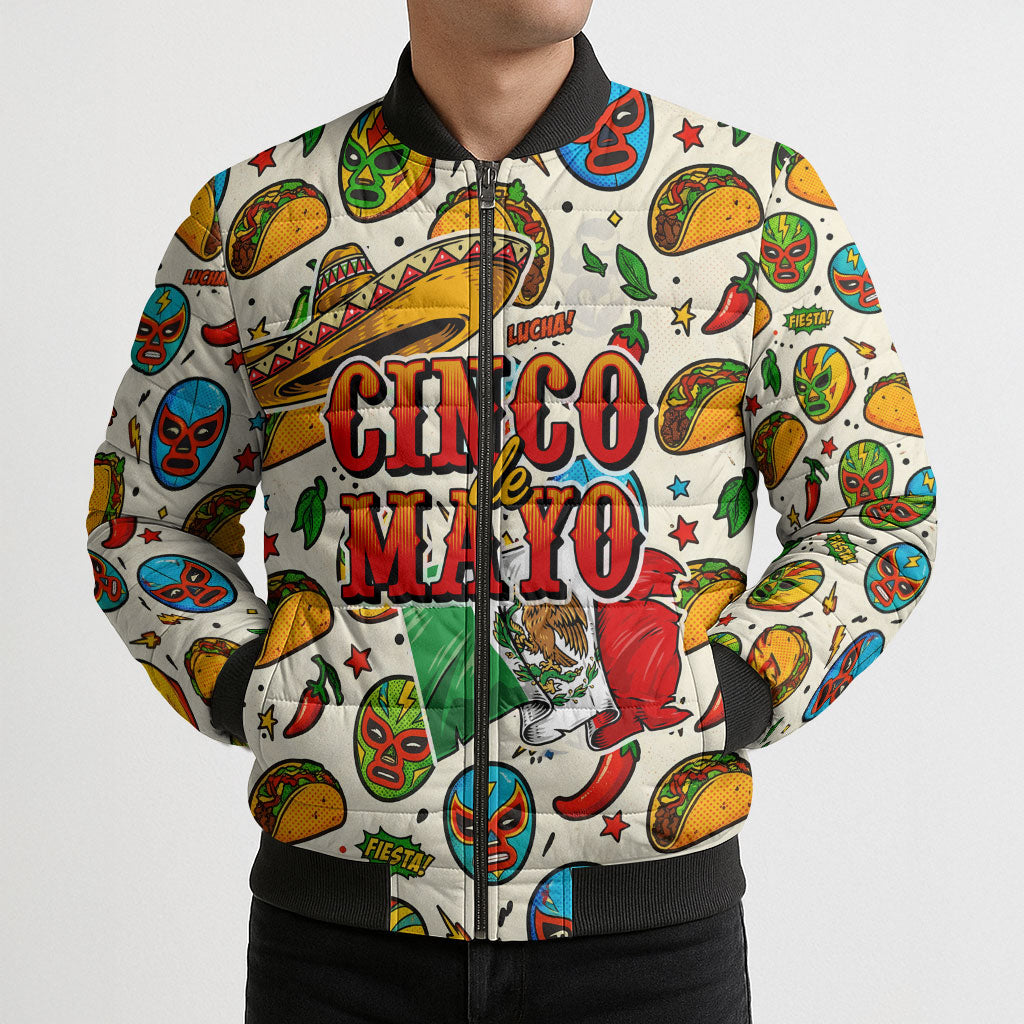 Cinco De Mayo Bomber Puffer Jacket Lucha Libre Wrestler - Pop Art Comic Style Mexican Fiesta Taco