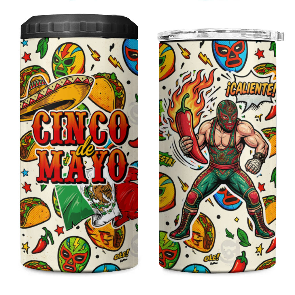 Cinco De Mayo 4 in 1 Can Cooler Tumbler Lucha Libre Wrestler - Pop Art Comic Style Mexican Fiesta Taco