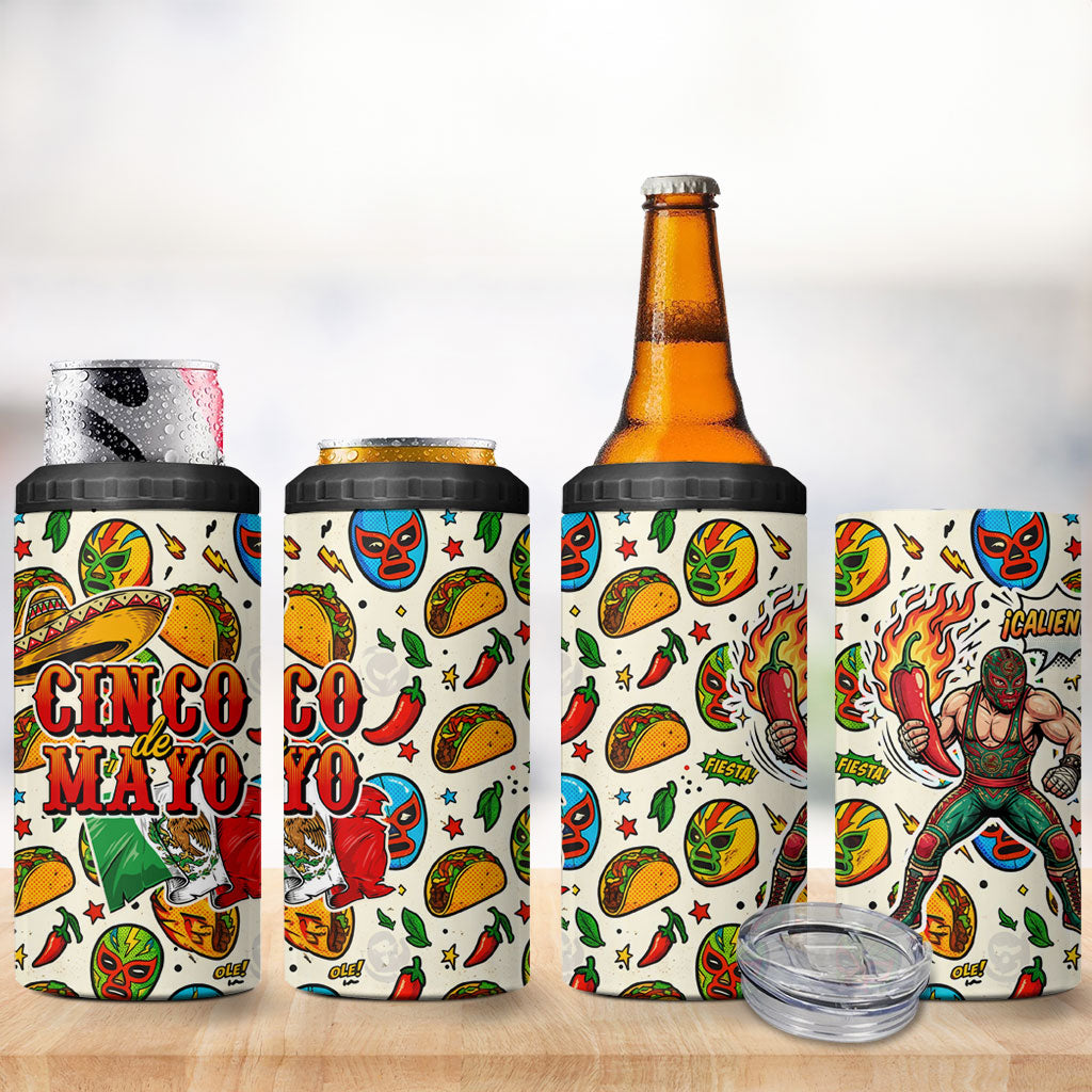 Cinco De Mayo 4 in 1 Can Cooler Tumbler Lucha Libre Wrestler - Pop Art Comic Style Mexican Fiesta Taco
