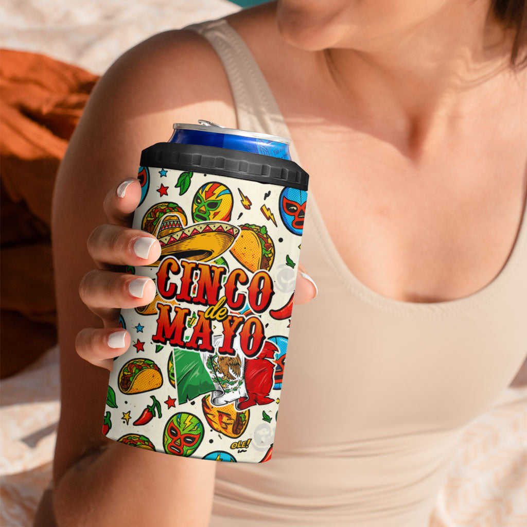 Cinco De Mayo 4 in 1 Can Cooler Tumbler Lucha Libre Wrestler - Pop Art Comic Style Mexican Fiesta Taco
