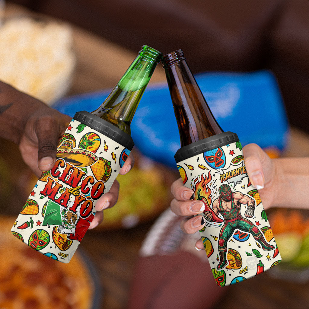 Cinco De Mayo 4 in 1 Can Cooler Tumbler Lucha Libre Wrestler - Pop Art Comic Style Mexican Fiesta Taco