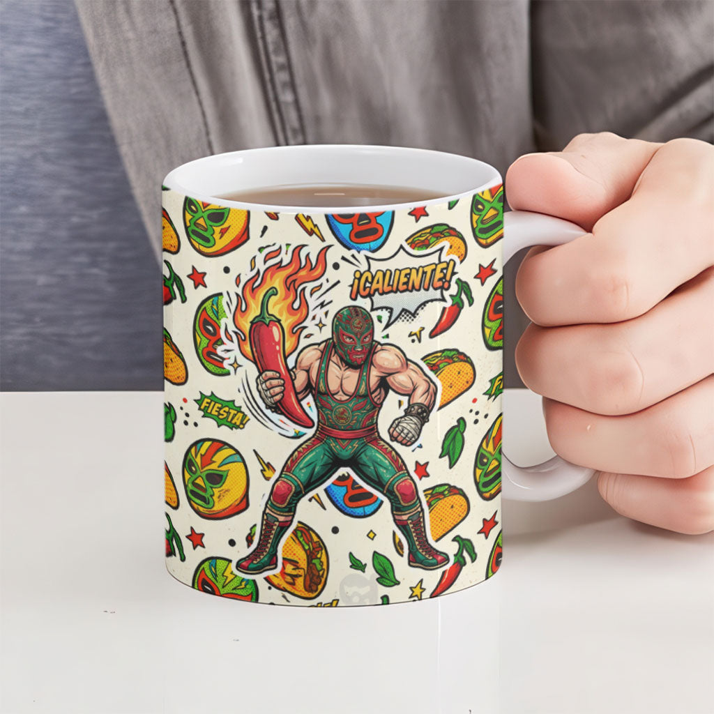 Cinco De Mayo Ceramic Mug Lucha Libre Wrestler - Pop Art Comic Style Mexican Fiesta Taco