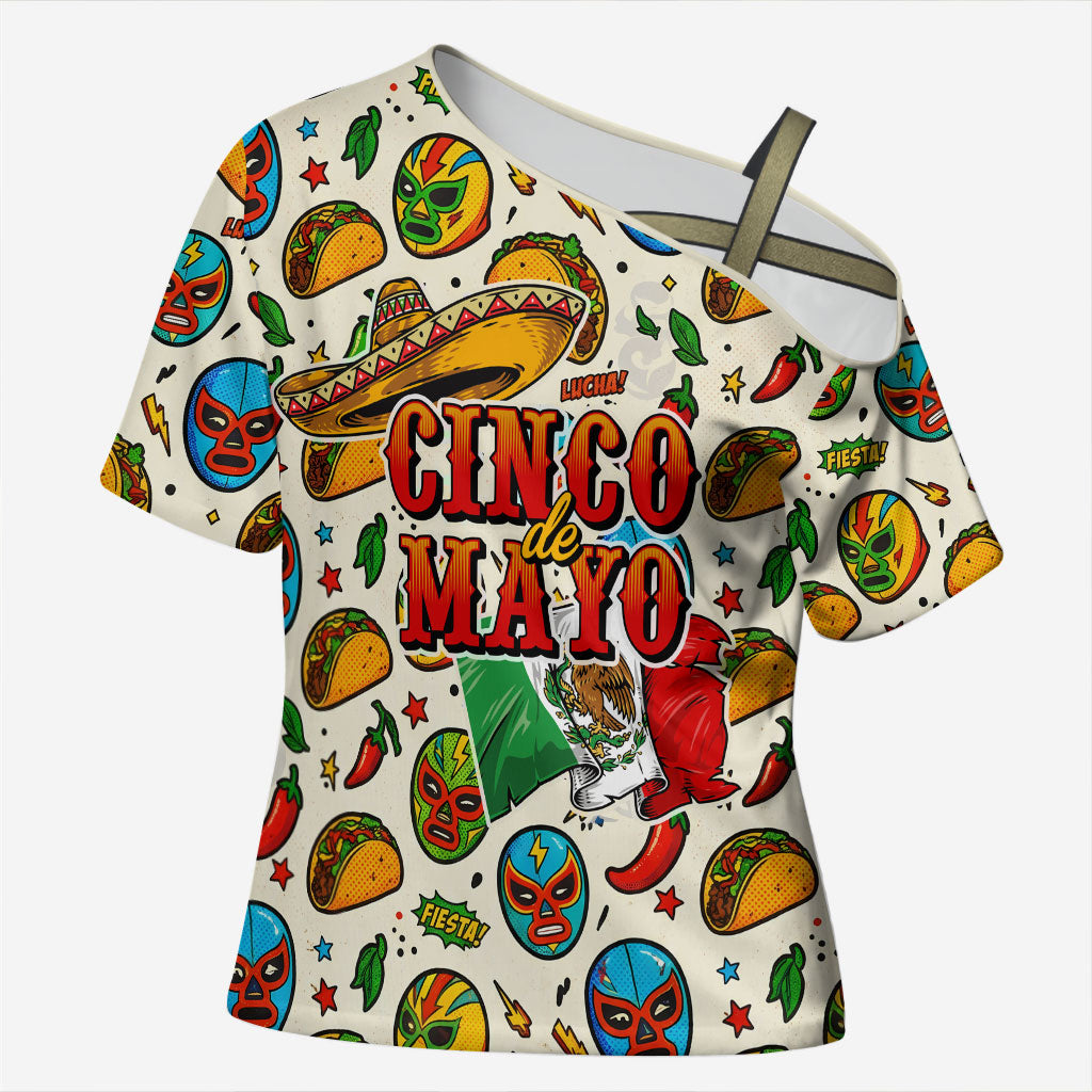 Cinco De Mayo Cross Shoulder Shirt Lucha Libre Wrestler - Pop Art Comic Style Mexican Fiesta Taco