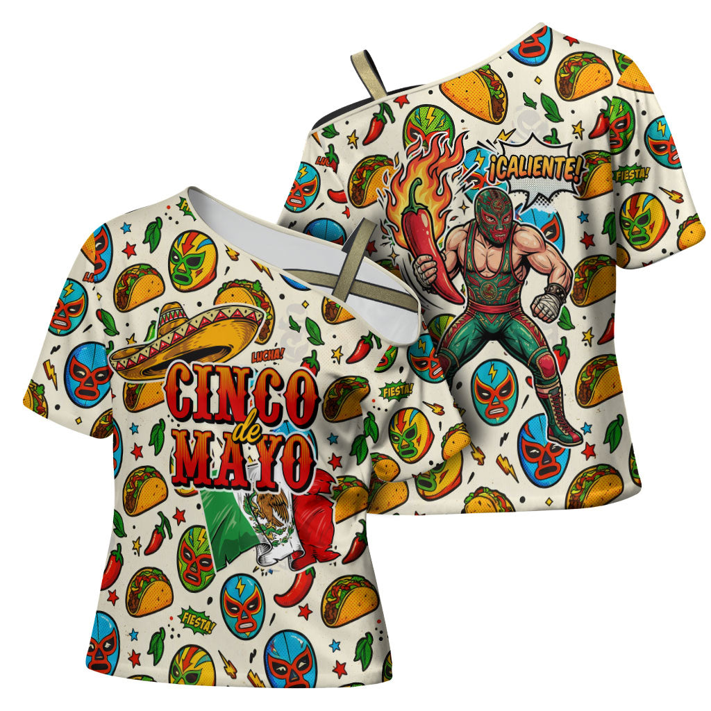 Cinco De Mayo Cross Shoulder Shirt Lucha Libre Wrestler - Pop Art Comic Style Mexican Fiesta Taco