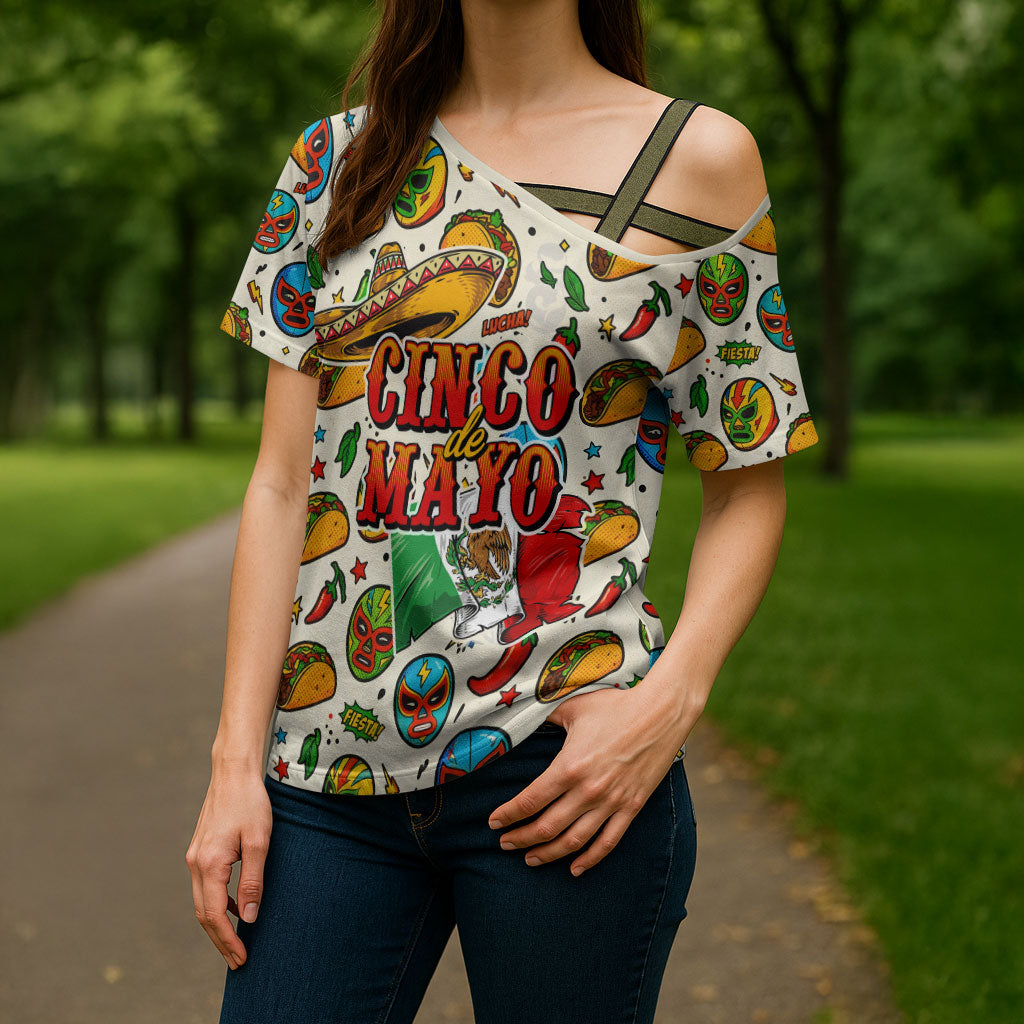 Cinco De Mayo Cross Shoulder Shirt Lucha Libre Wrestler - Pop Art Comic Style Mexican Fiesta Taco