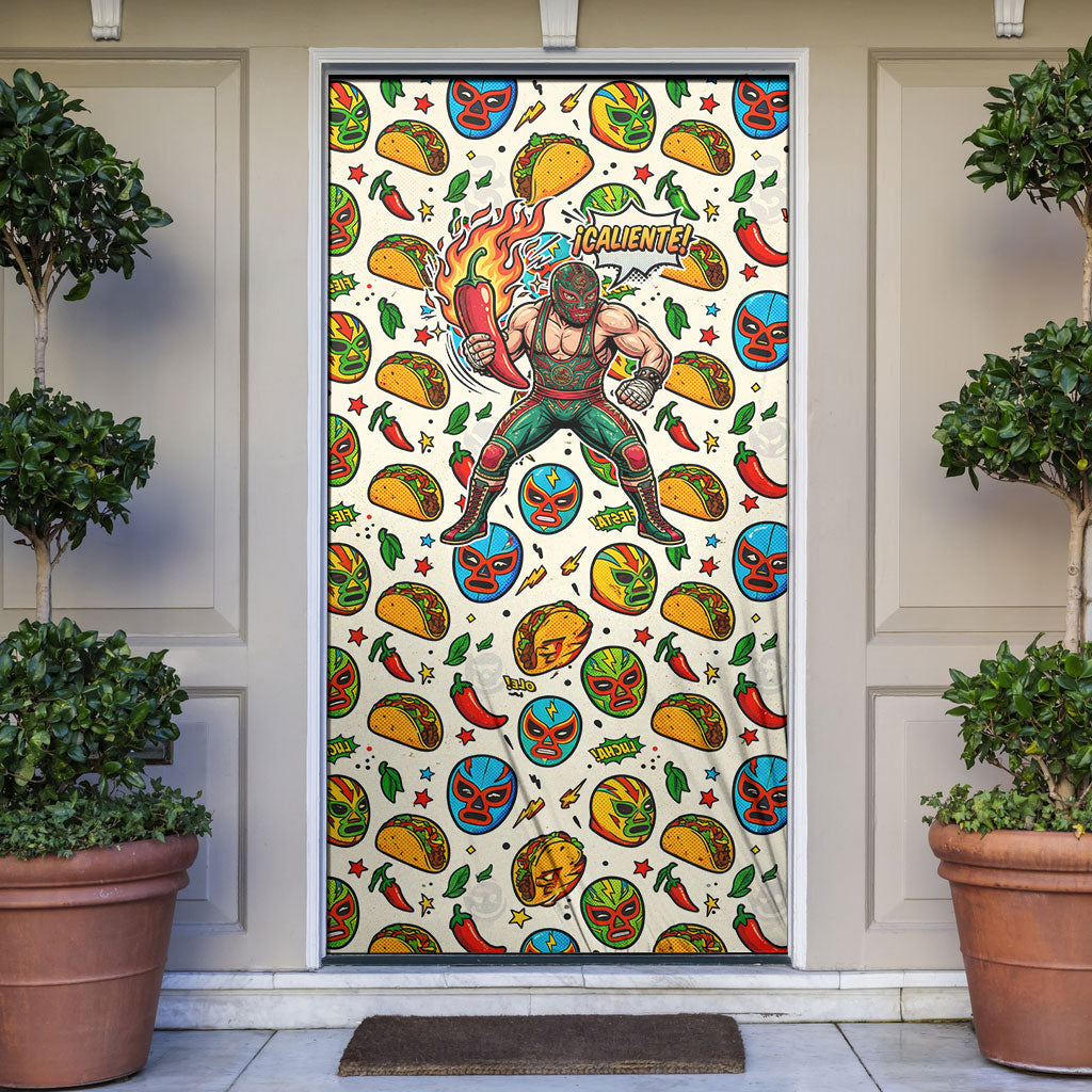 Cinco De Mayo Door Cover Lucha Libre Wrestler - Pop Art Comic Style Mexican Fiesta Taco