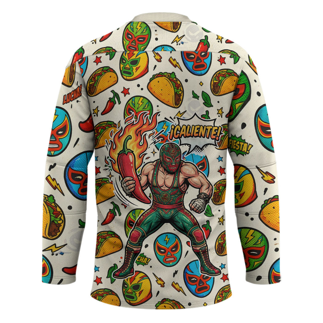 Cinco De Mayo Hockey Jersey Lucha Libre Wrestler - Pop Art Comic Style Mexican Fiesta Taco