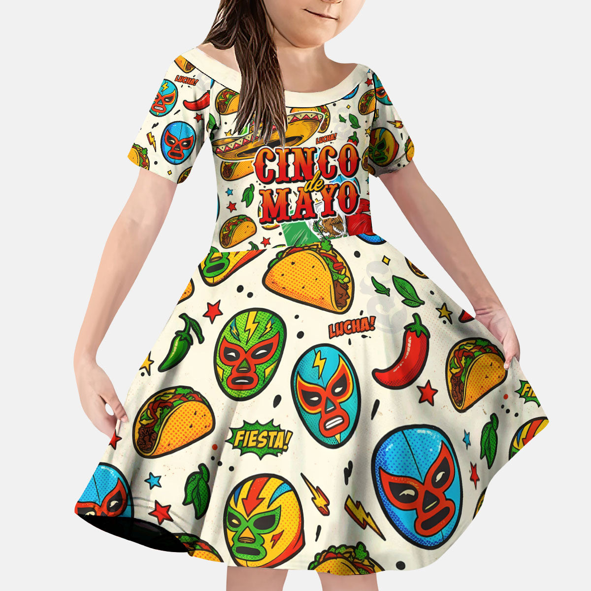 Cinco De Mayo Kid Short Sleeve Dress Lucha Libre Wrestler - Pop Art Comic Style Mexican Fiesta Taco