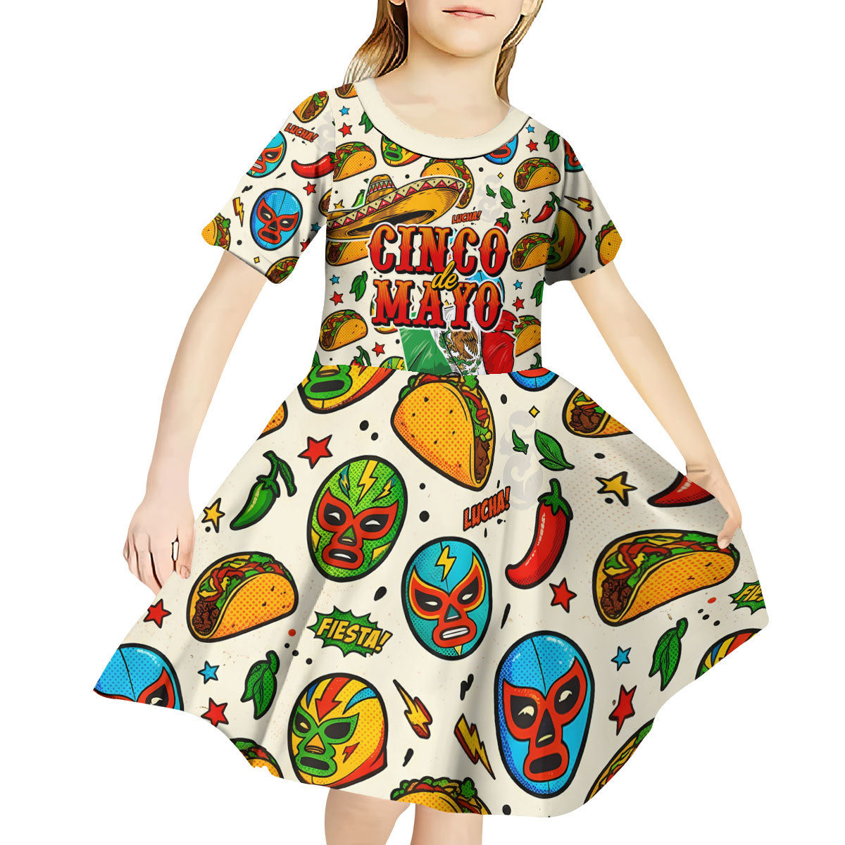 Cinco De Mayo Kid Short Sleeve Dress Lucha Libre Wrestler - Pop Art Comic Style Mexican Fiesta Taco