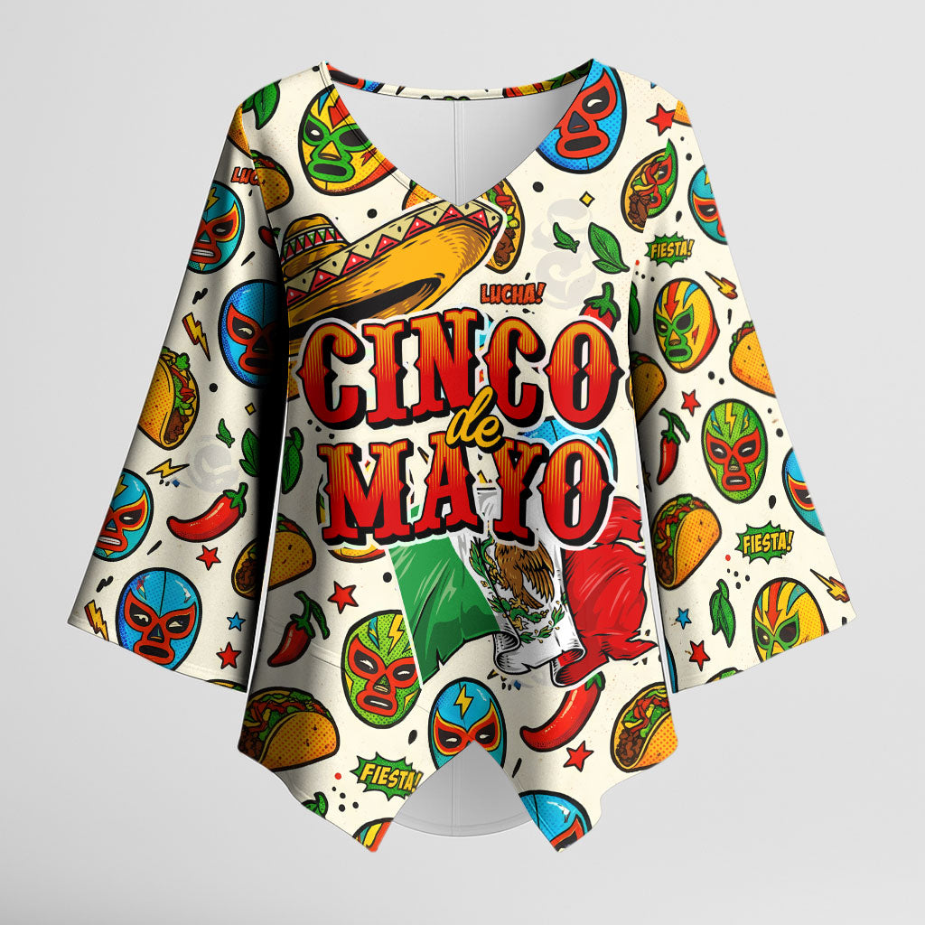 Cinco De Mayo Kimono Sleeve Blouse Lucha Libre Wrestler - Pop Art Comic Style Mexican Fiesta Taco