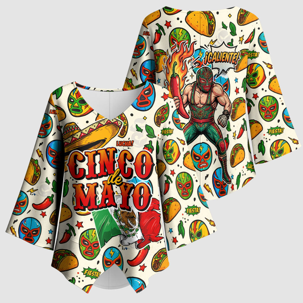 Cinco De Mayo Kimono Sleeve Blouse Lucha Libre Wrestler - Pop Art Comic Style Mexican Fiesta Taco