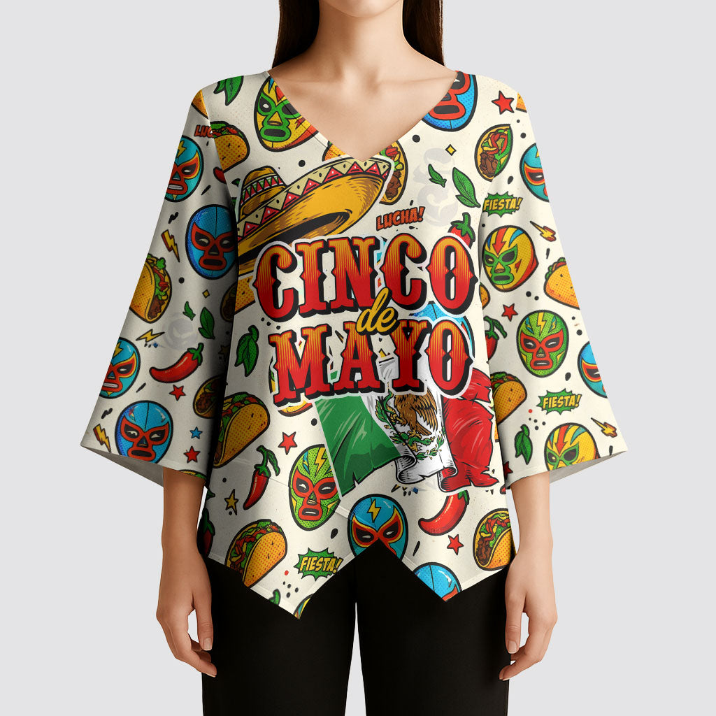 Cinco De Mayo Kimono Sleeve Blouse Lucha Libre Wrestler - Pop Art Comic Style Mexican Fiesta Taco