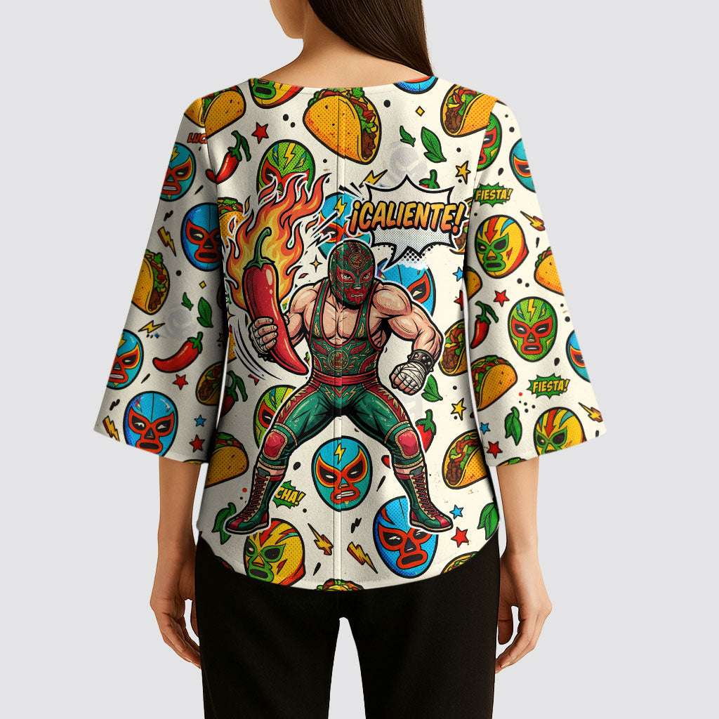 Cinco De Mayo Kimono Sleeve Blouse Lucha Libre Wrestler - Pop Art Comic Style Mexican Fiesta Taco