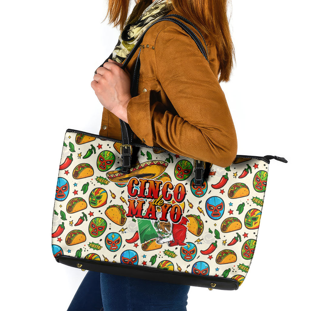 Cinco De Mayo Leather Tote Bag Lucha Libre Wrestler - Pop Art Comic Style Mexican Fiesta Taco