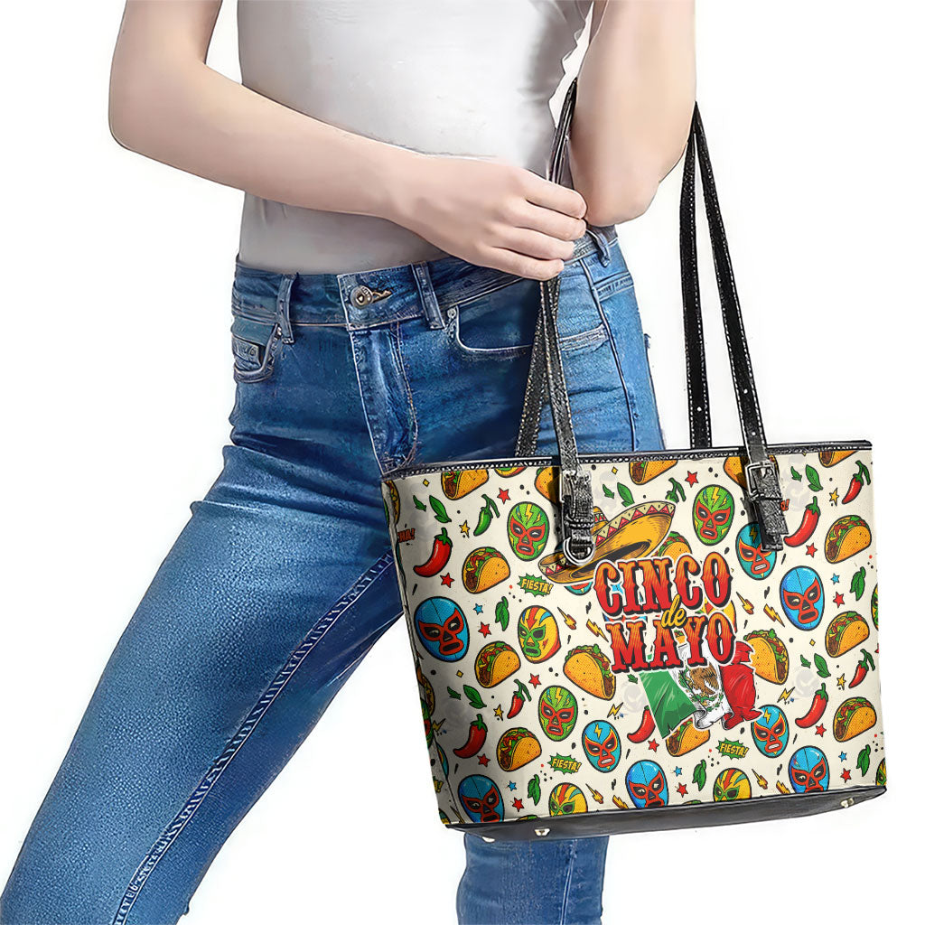 Cinco De Mayo Leather Tote Bag Lucha Libre Wrestler - Pop Art Comic Style Mexican Fiesta Taco