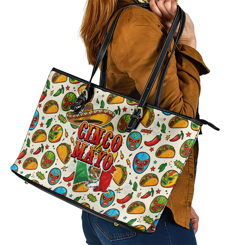 Cinco De Mayo Leather Tote Bag Lucha Libre Wrestler - Pop Art Comic Style Mexican Fiesta Taco