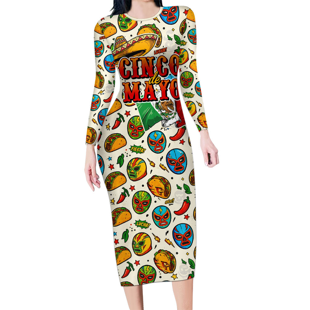 Cinco De Mayo Long Sleeve Bodycon Dress Lucha Libre Wrestler - Pop Art Comic Style Mexican Fiesta Taco