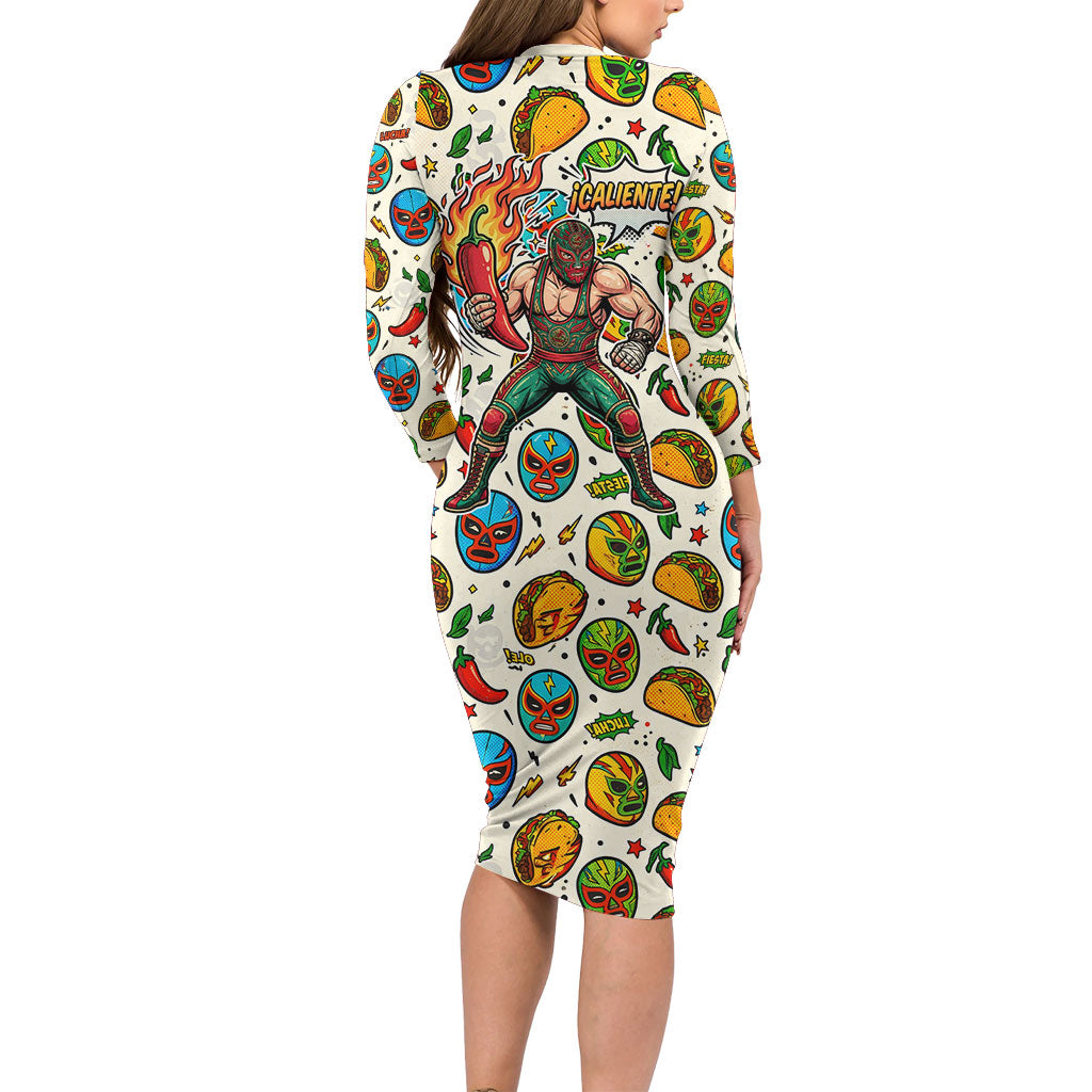 Cinco De Mayo Long Sleeve Bodycon Dress Lucha Libre Wrestler - Pop Art Comic Style Mexican Fiesta Taco