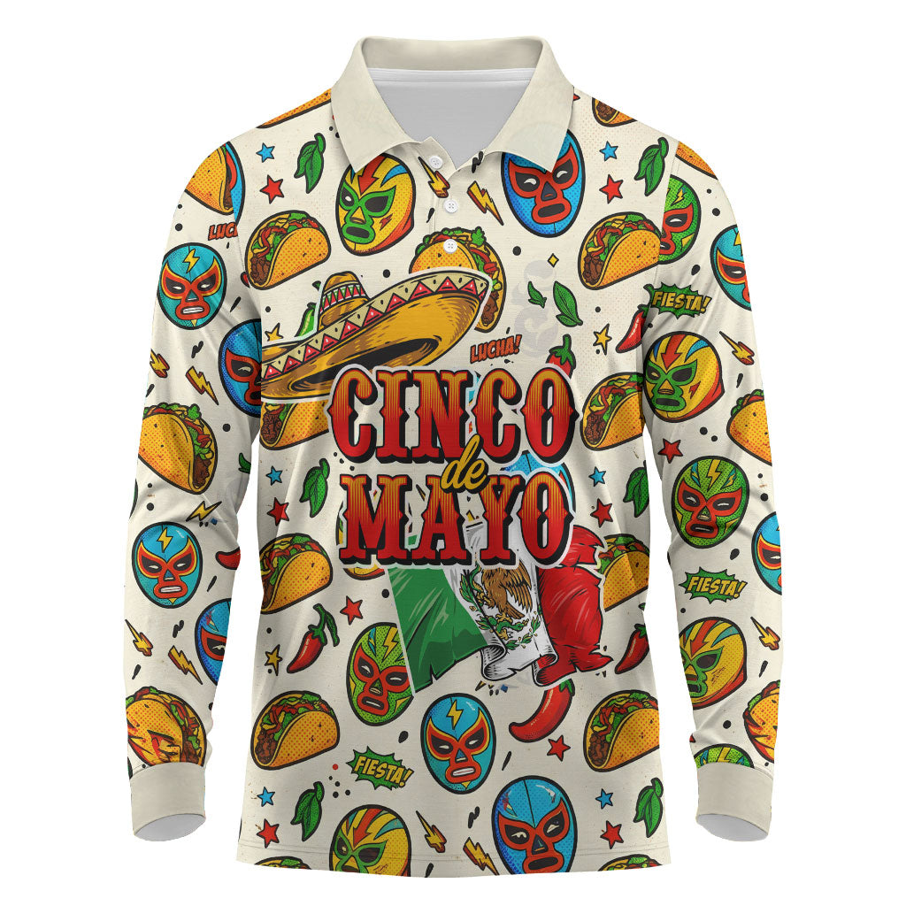 Cinco De Mayo Long Sleeve Polo Shirt Lucha Libre Wrestler - Pop Art Comic Style Mexican Fiesta Taco