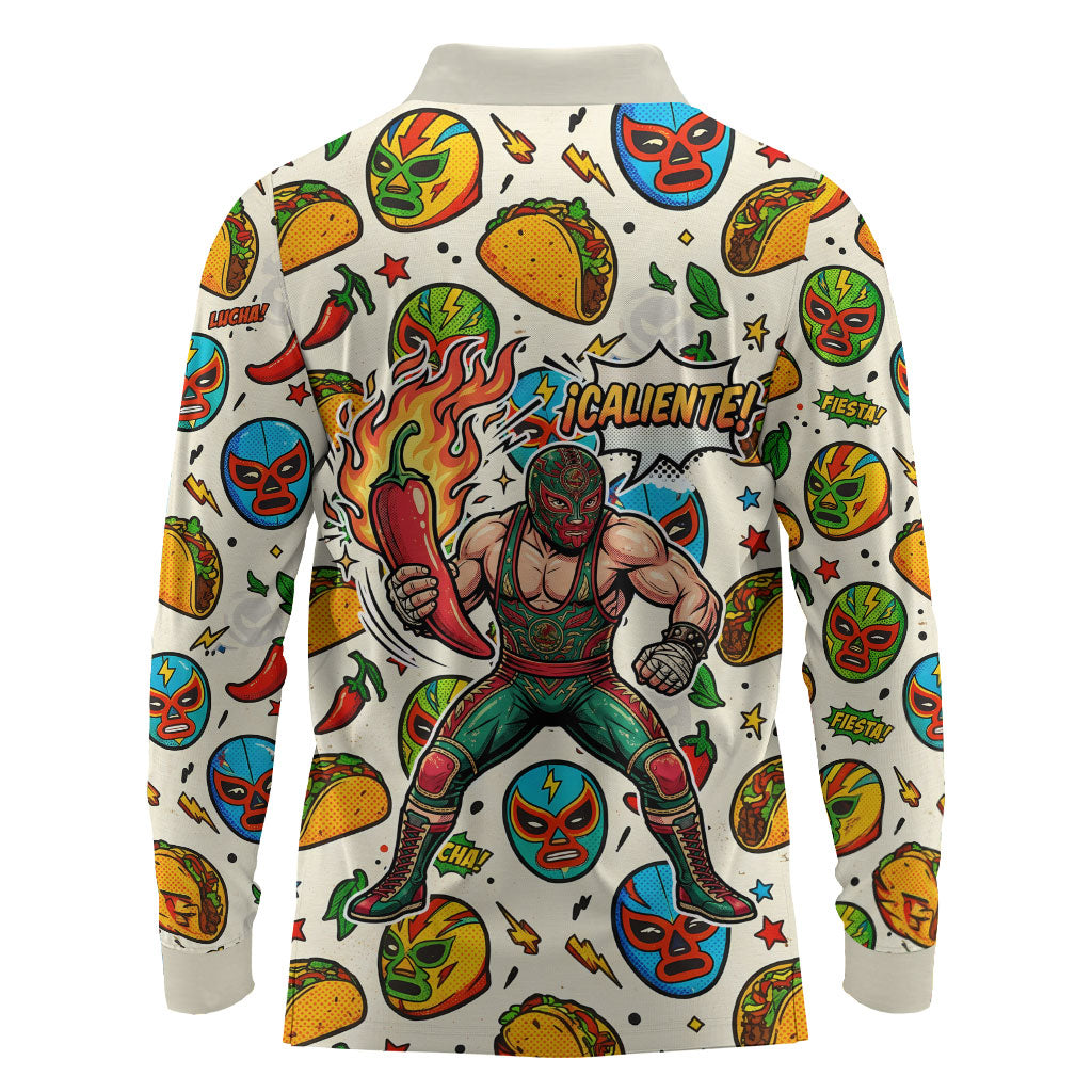 Cinco De Mayo Long Sleeve Polo Shirt Lucha Libre Wrestler - Pop Art Comic Style Mexican Fiesta Taco