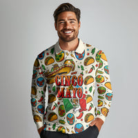 Cinco De Mayo Long Sleeve Polo Shirt Lucha Libre Wrestler - Pop Art Comic Style Mexican Fiesta Taco