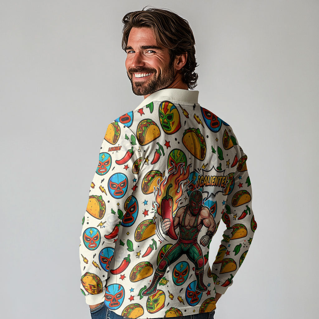 Cinco De Mayo Long Sleeve Polo Shirt Lucha Libre Wrestler - Pop Art Comic Style Mexican Fiesta Taco