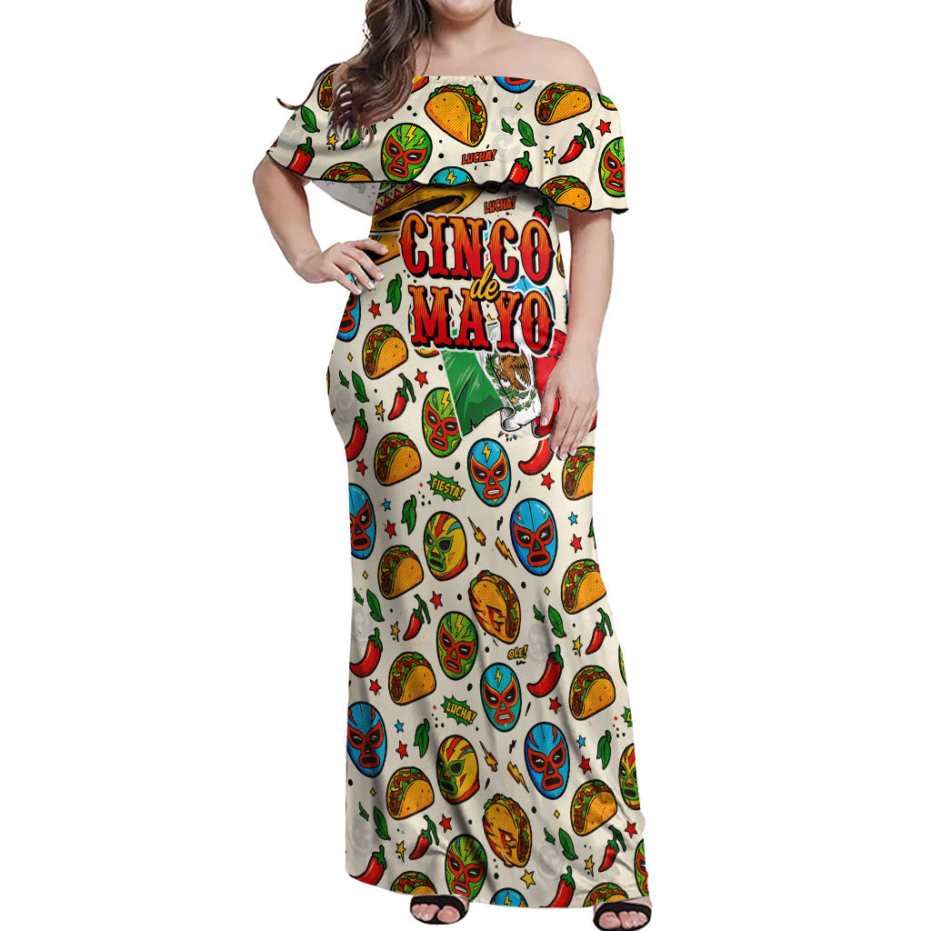 Cinco De Mayo Off Shoulder Maxi Dress Lucha Libre Wrestler - Pop Art Comic Style Mexican Fiesta Taco