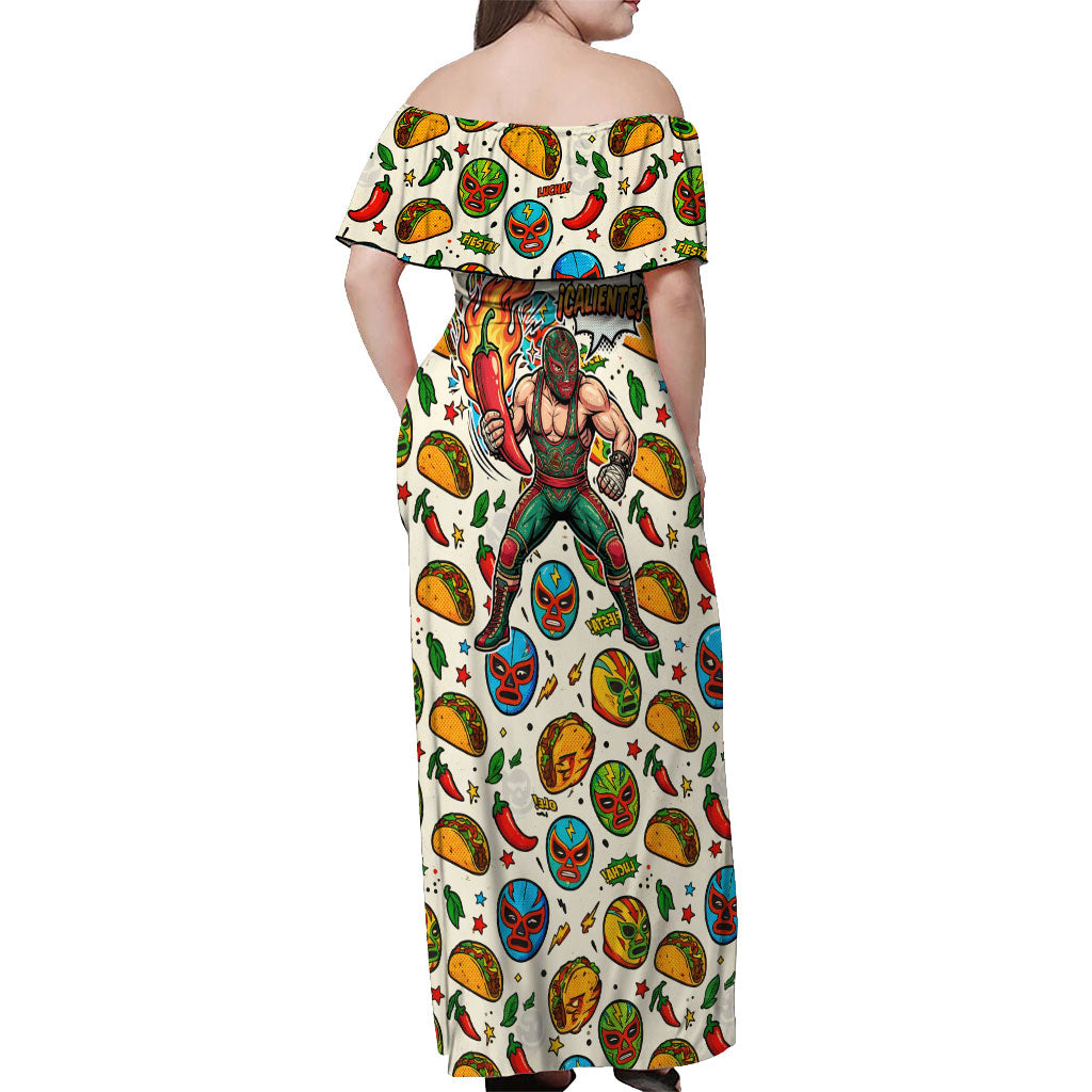 Cinco De Mayo Off Shoulder Maxi Dress Lucha Libre Wrestler - Pop Art Comic Style Mexican Fiesta Taco