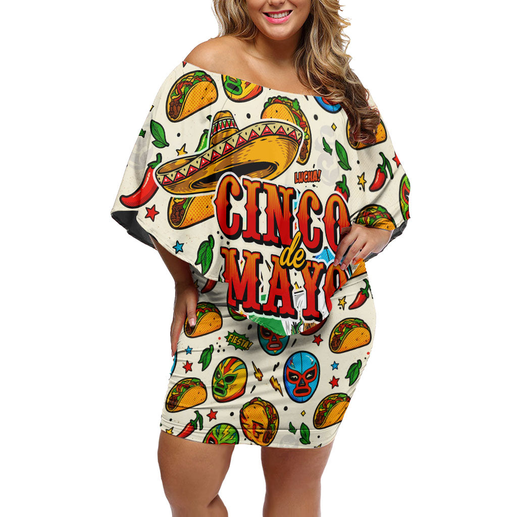 Cinco De Mayo Off Shoulder Short Dress Lucha Libre Wrestler - Pop Art Comic Style Mexican Fiesta Taco