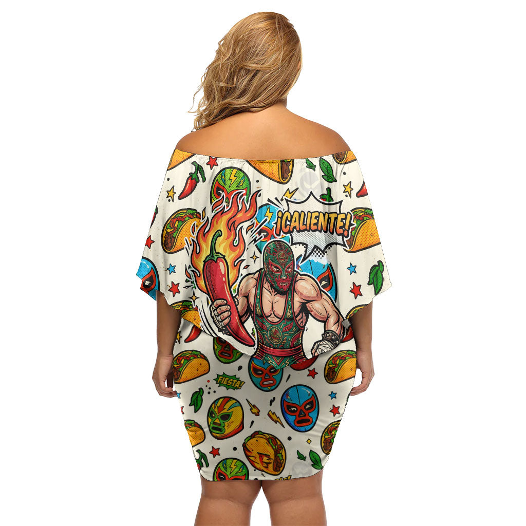 Cinco De Mayo Off Shoulder Short Dress Lucha Libre Wrestler - Pop Art Comic Style Mexican Fiesta Taco