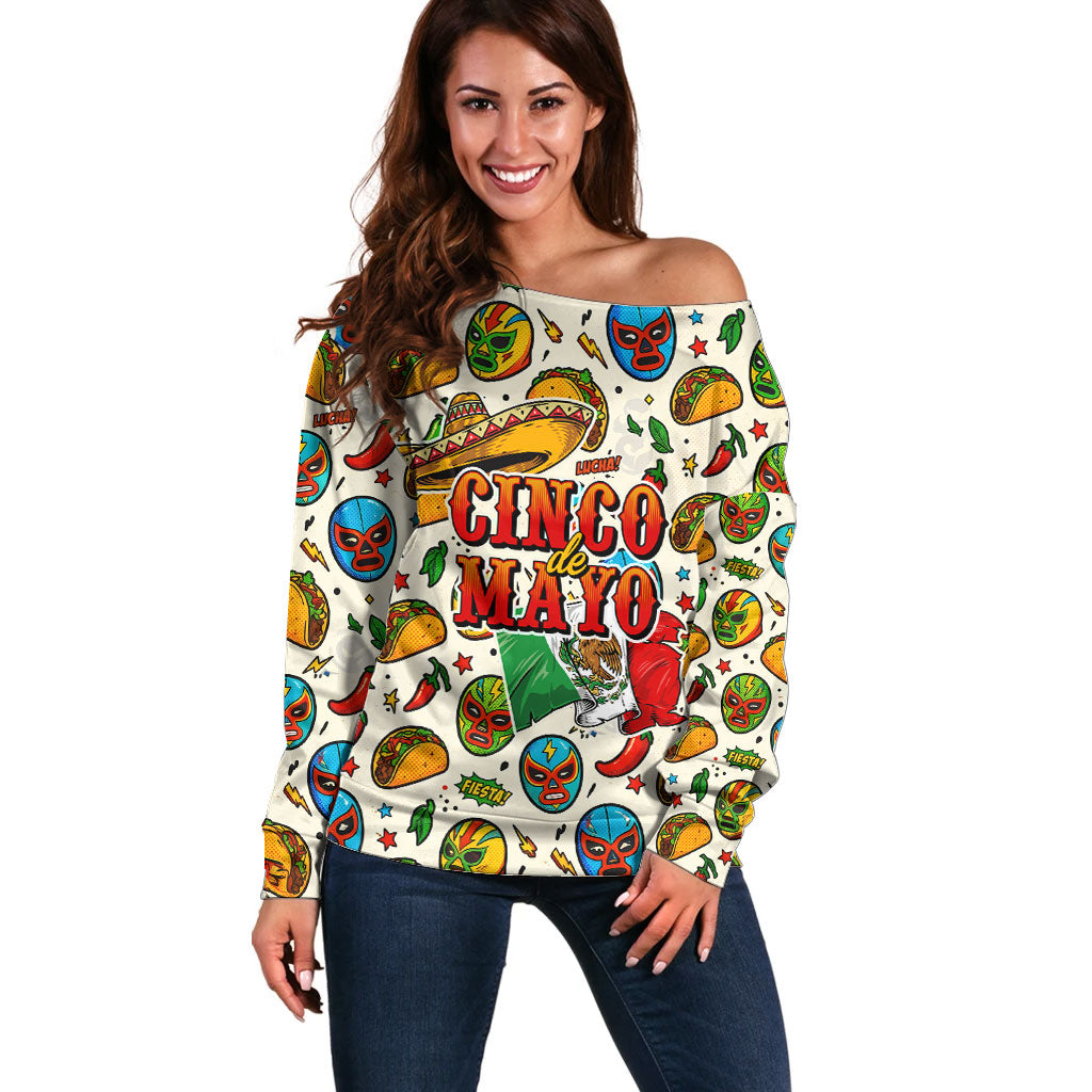Cinco De Mayo Off Shoulder Sweater Lucha Libre Wrestler - Pop Art Comic Style Mexican Fiesta Taco