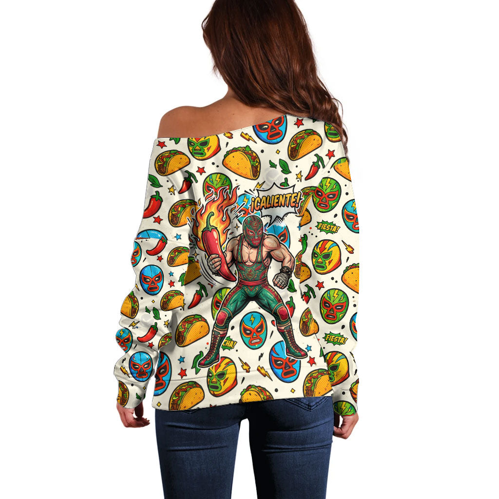 Cinco De Mayo Off Shoulder Sweater Lucha Libre Wrestler - Pop Art Comic Style Mexican Fiesta Taco