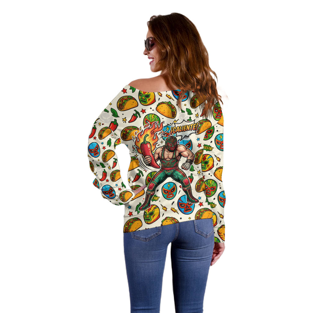 Cinco De Mayo Off Shoulder Sweater Lucha Libre Wrestler - Pop Art Comic Style Mexican Fiesta Taco