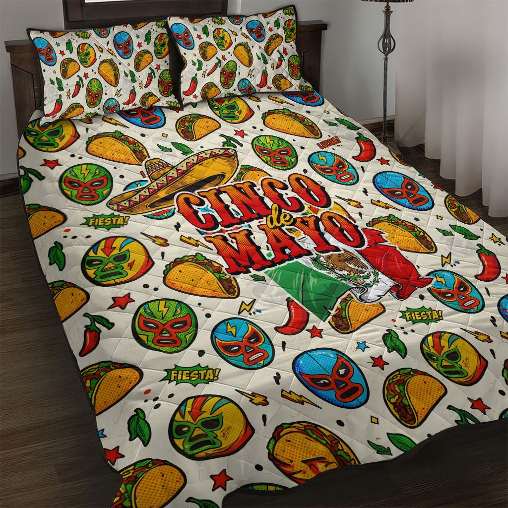 Cinco De Mayo Quilt Bed Set Lucha Libre Wrestler - Pop Art Comic Style Mexican Fiesta Taco