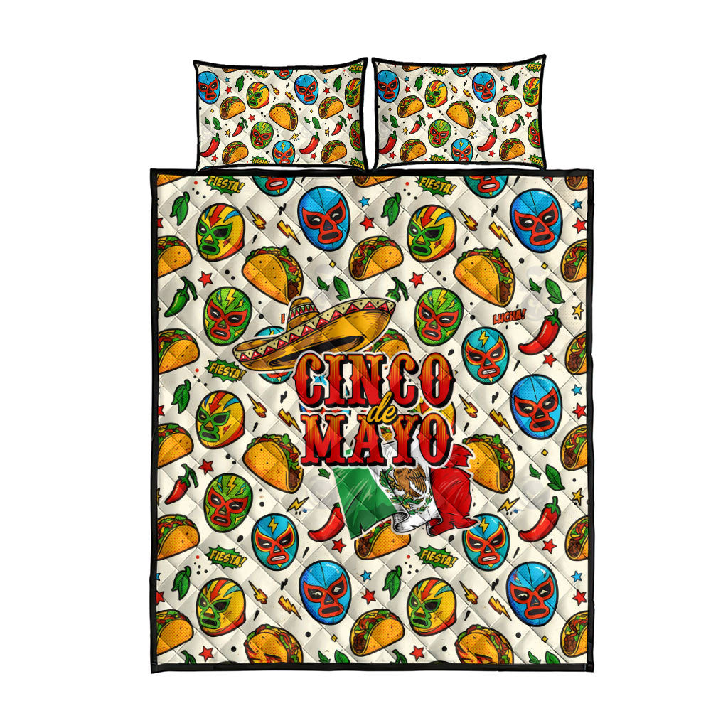 Cinco De Mayo Quilt Bed Set Lucha Libre Wrestler - Pop Art Comic Style Mexican Fiesta Taco