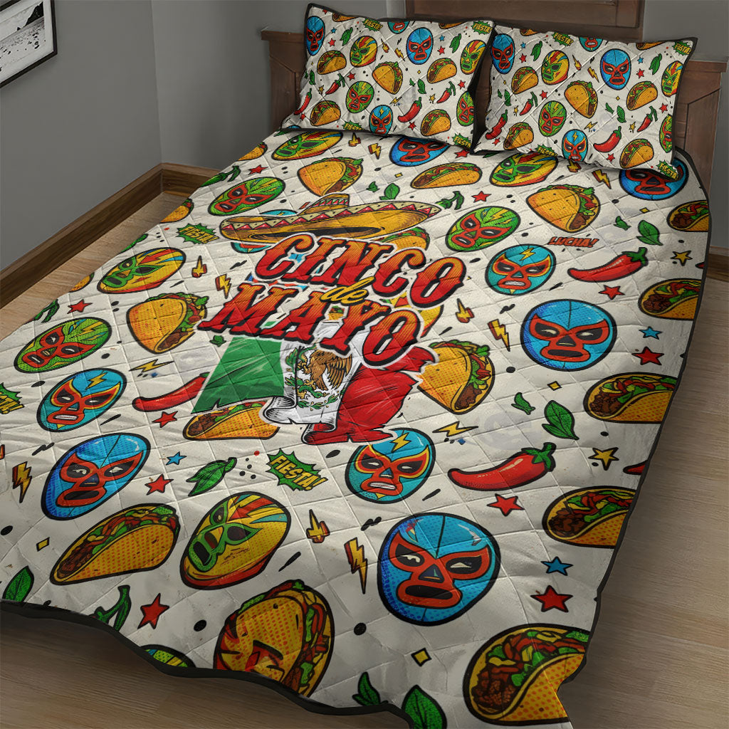 Cinco De Mayo Quilt Bed Set Lucha Libre Wrestler - Pop Art Comic Style Mexican Fiesta Taco