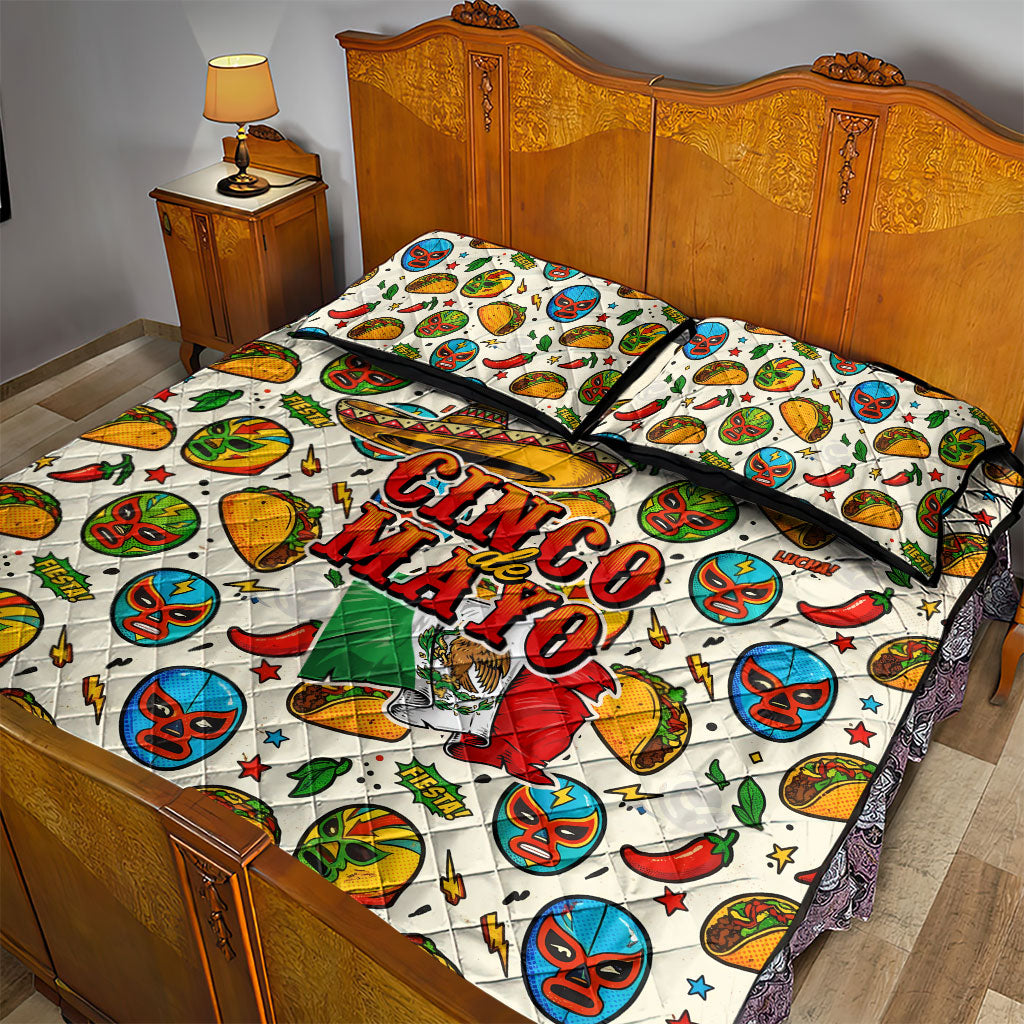 Cinco De Mayo Quilt Bed Set Lucha Libre Wrestler - Pop Art Comic Style Mexican Fiesta Taco