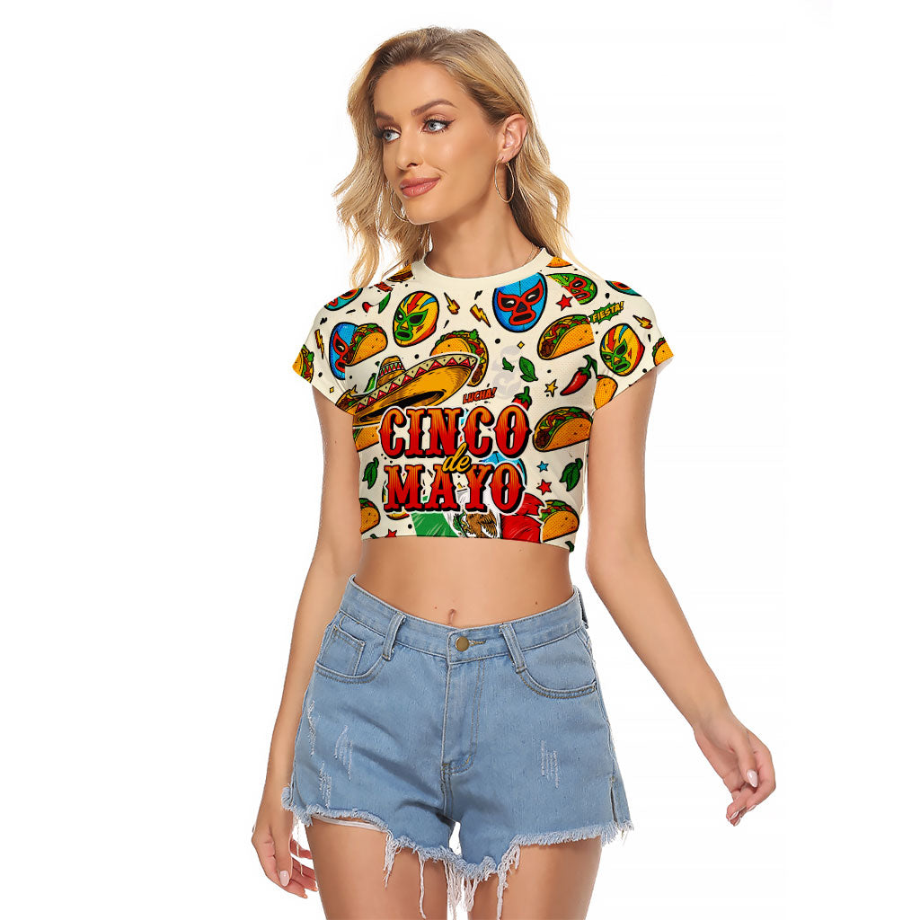 Cinco De Mayo Raglan Cropped T Shirt Lucha Libre Wrestler - Pop Art Comic Style Mexican Fiesta Taco