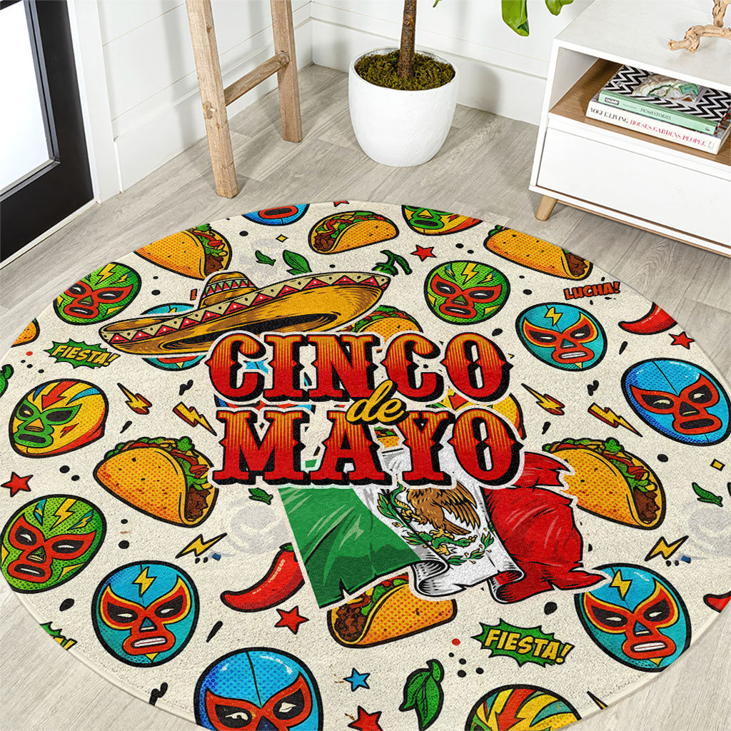 Cinco De Mayo Round Carpet Lucha Libre Wrestler - Pop Art Comic Style Mexican Fiesta Taco