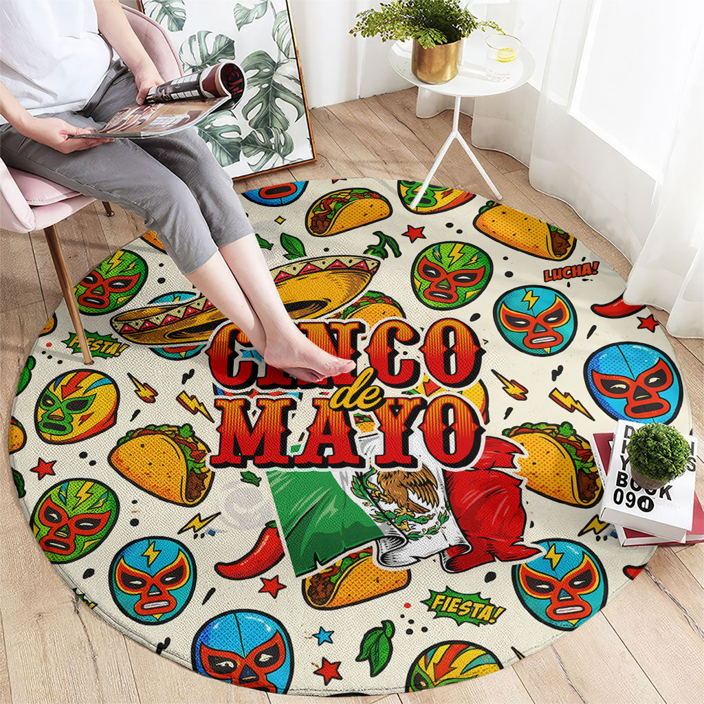 Cinco De Mayo Round Carpet Lucha Libre Wrestler - Pop Art Comic Style Mexican Fiesta Taco