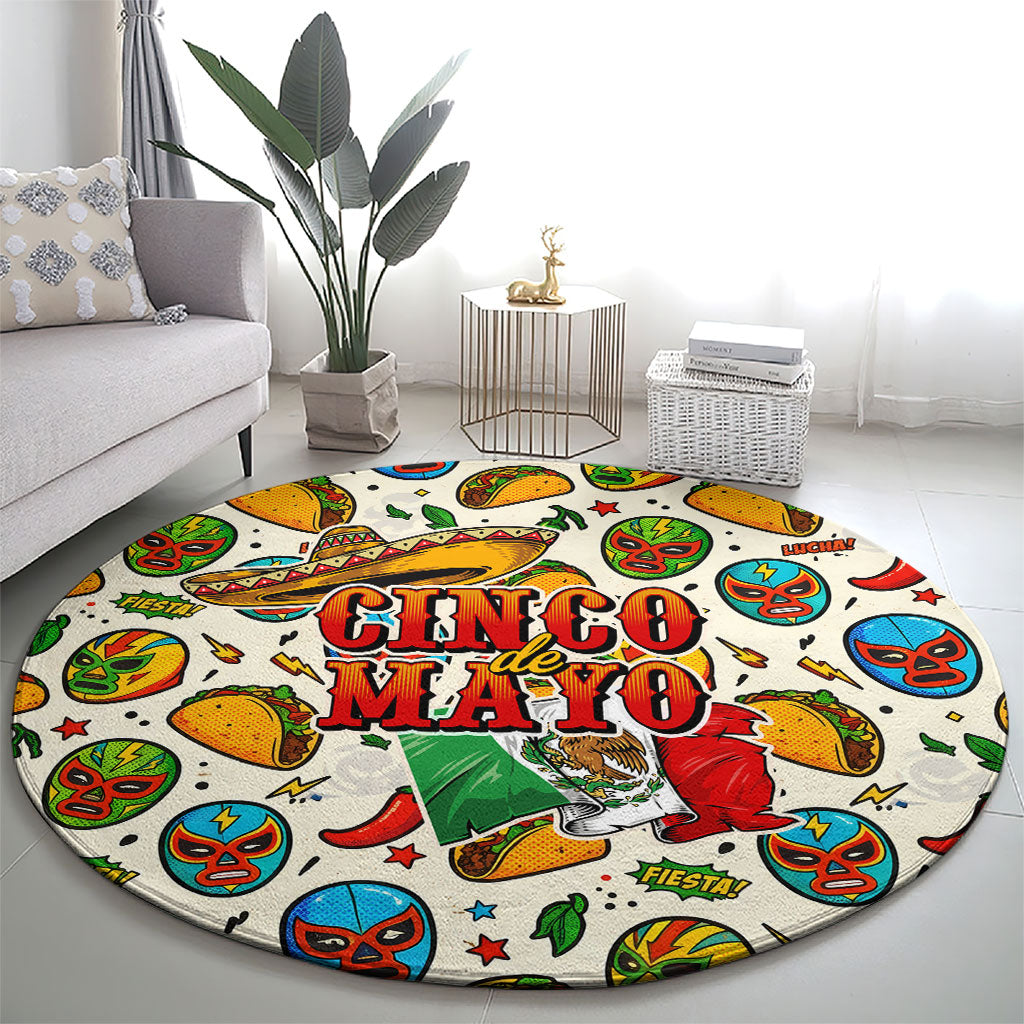Cinco De Mayo Round Carpet Lucha Libre Wrestler - Pop Art Comic Style Mexican Fiesta Taco