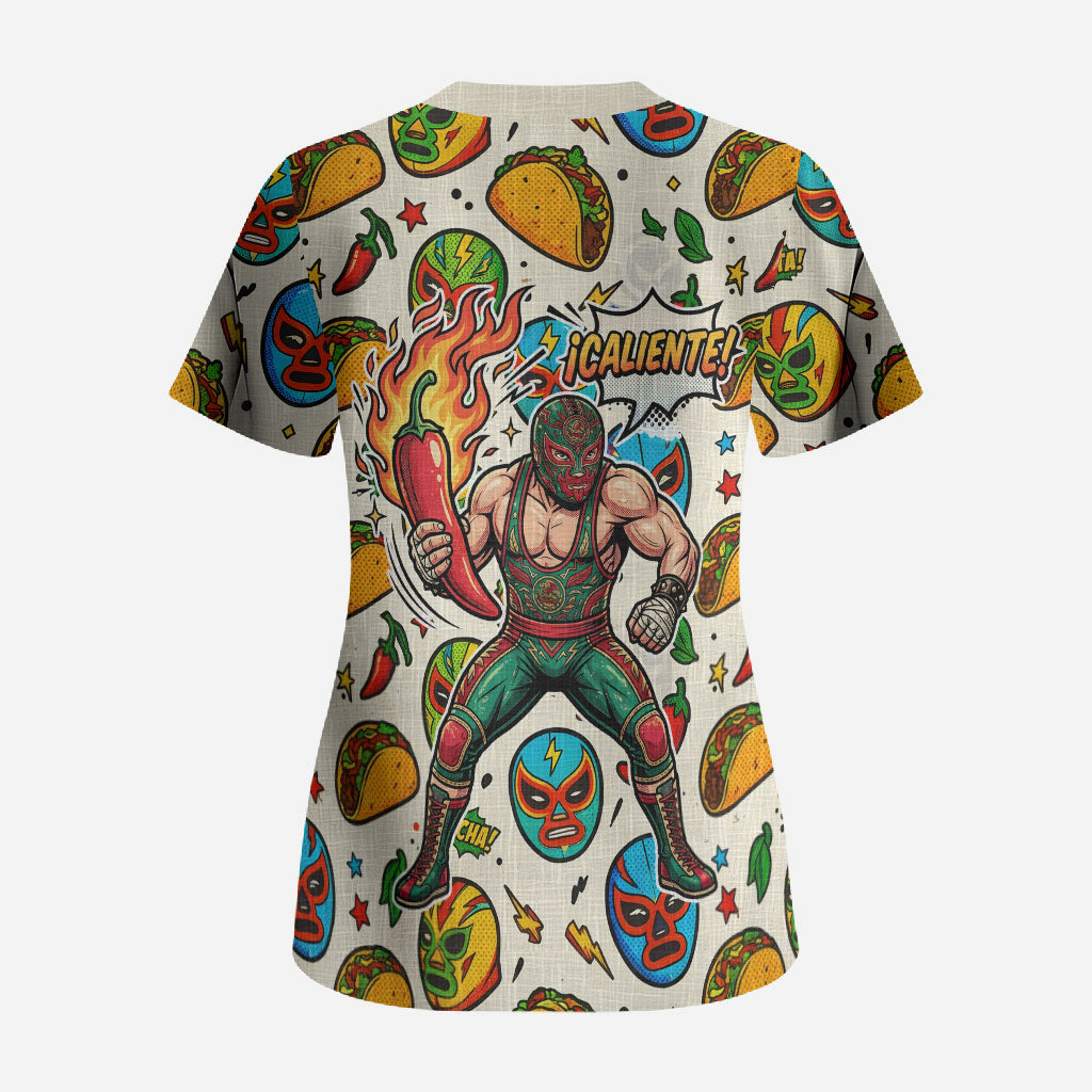 Cinco De Mayo Scrub Top Lucha Libre Wrestler - Pop Art Comic Style Mexican Fiesta Taco