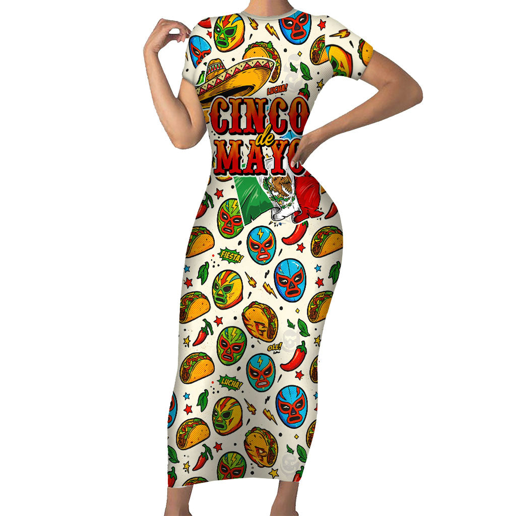 Cinco De Mayo Short Sleeve Bodycon Dress Lucha Libre Wrestler - Pop Art Comic Style Mexican Fiesta Taco