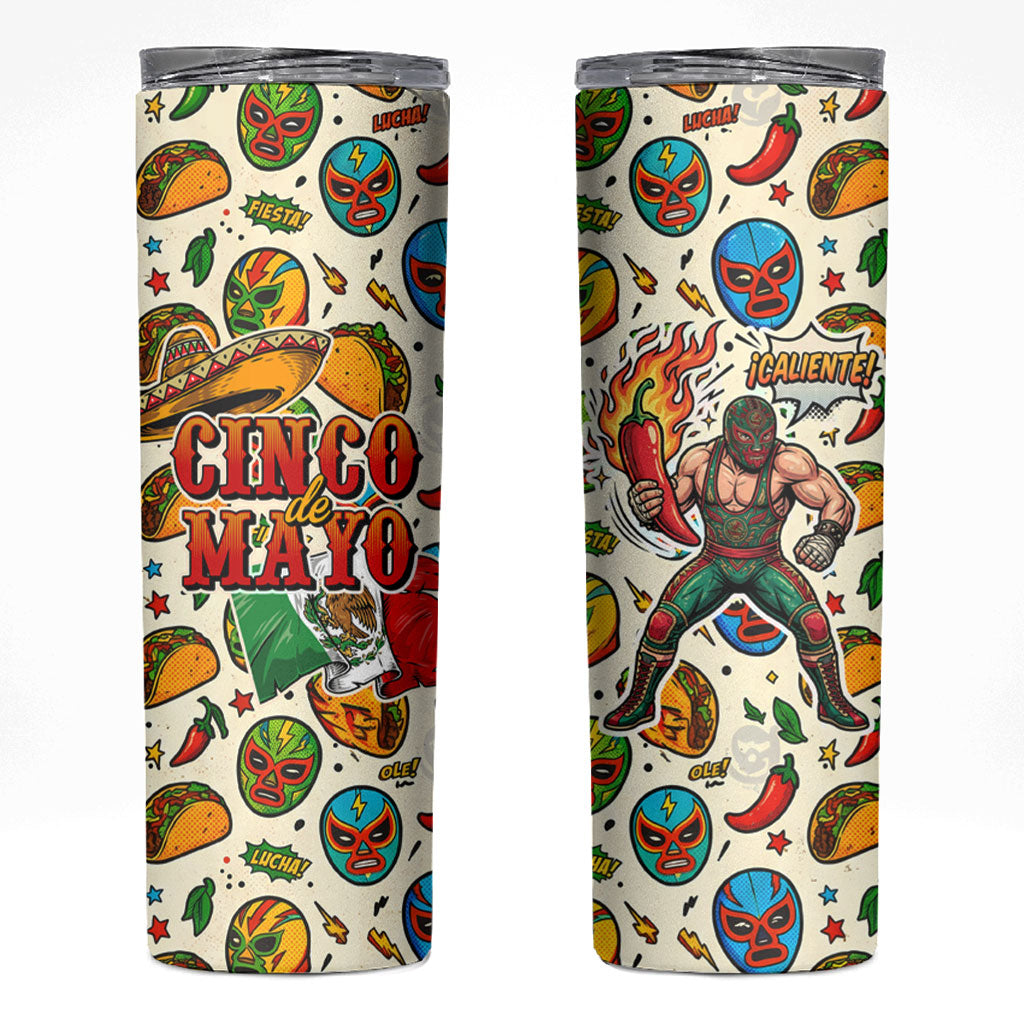 Cinco De Mayo Skinny Tumbler Lucha Libre Wrestler - Pop Art Comic Style Mexican Fiesta Taco