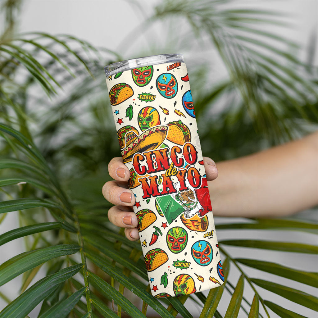Cinco De Mayo Skinny Tumbler Lucha Libre Wrestler - Pop Art Comic Style Mexican Fiesta Taco