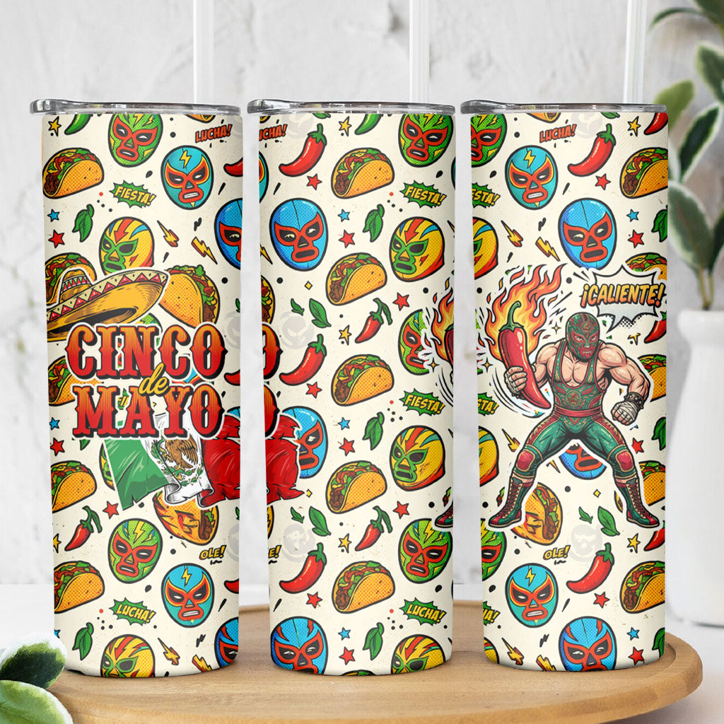 Cinco De Mayo Skinny Tumbler Lucha Libre Wrestler - Pop Art Comic Style Mexican Fiesta Taco