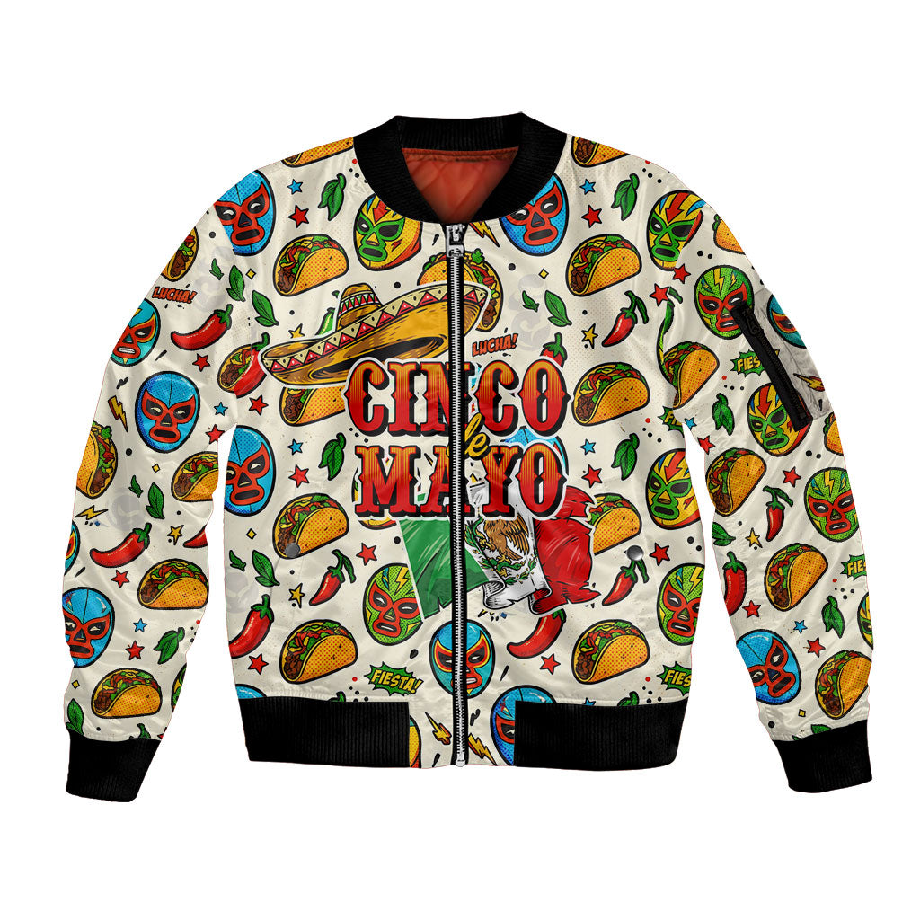 Cinco De Mayo Sleeve Zip Bomber Jacket Lucha Libre Wrestler - Pop Art Comic Style Mexican Fiesta Taco