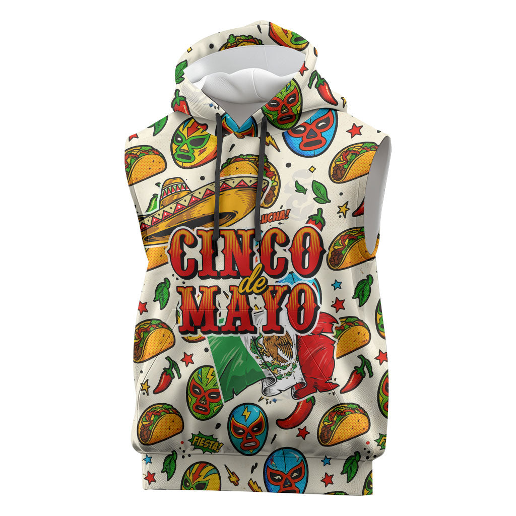 Cinco De Mayo Sleeveless Hoodie Lucha Libre Wrestler - Pop Art Comic Style Mexican Fiesta Taco